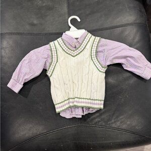 The Children's Place Green and Purple Striped Shirt with White Knit Vest